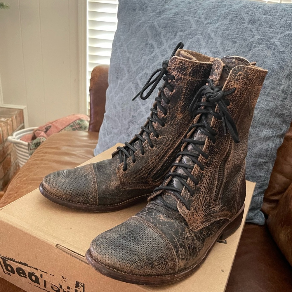Bed Stu Brown Distressed Leather Lace-Up Ankle Boots
